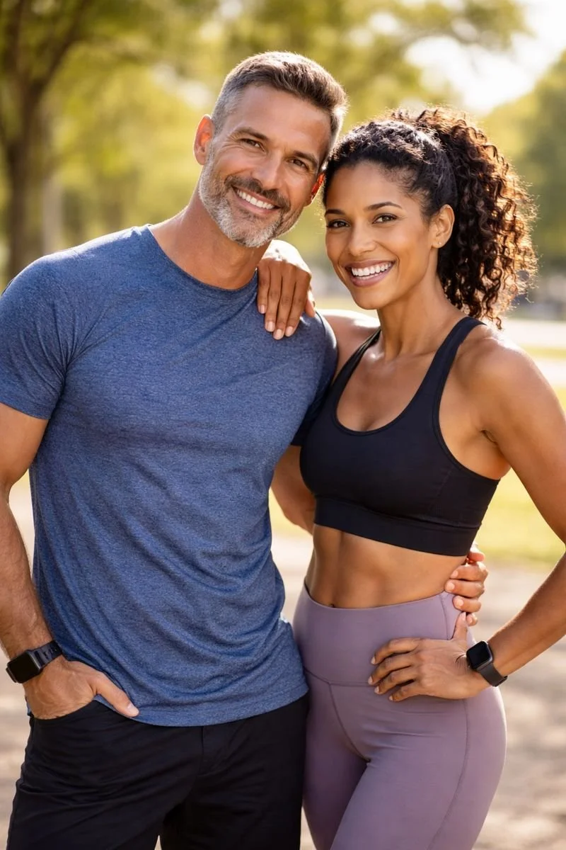 healthy looking couple smiling in the park