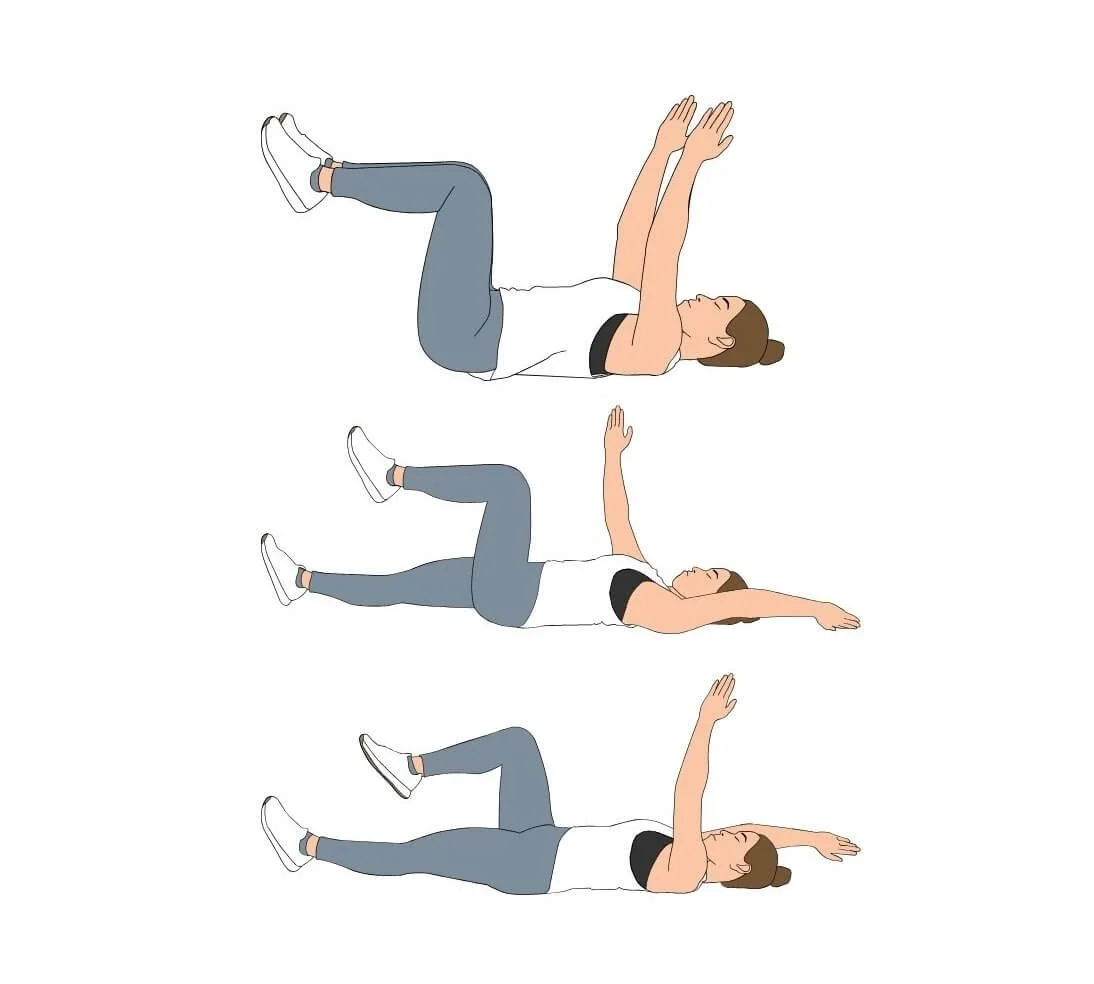Dead bug core exercise shown in three positions, demonstrating alternating arm and leg extension for deep abdominal stability.