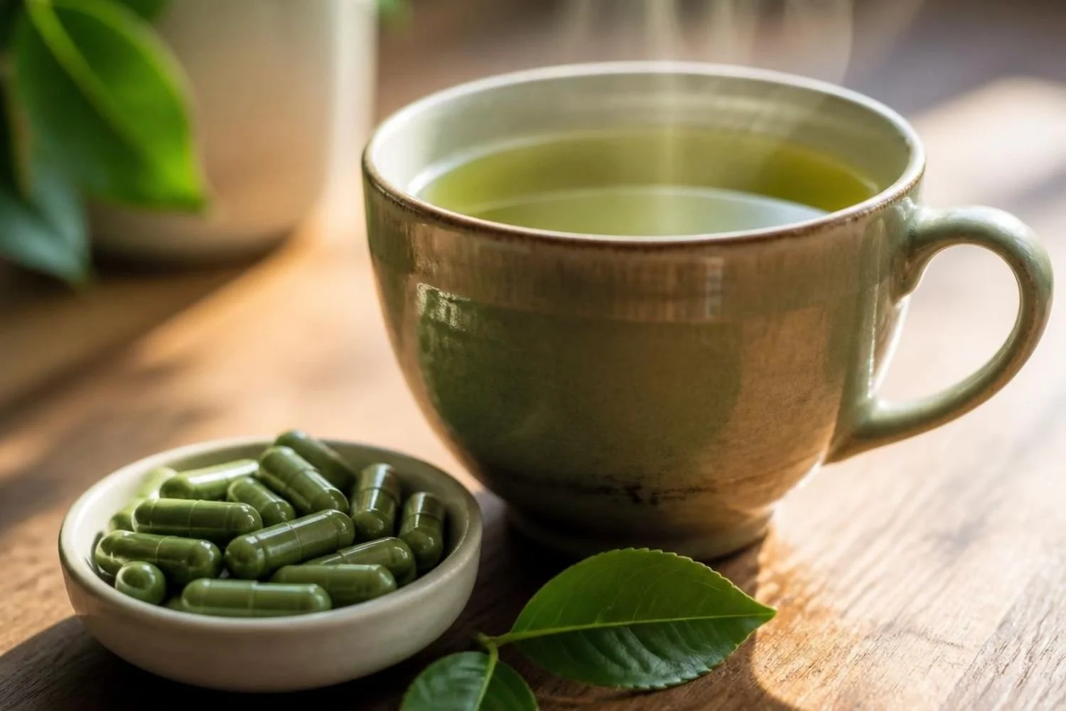 Brewed green tea beside concentrated green tea extract capsules