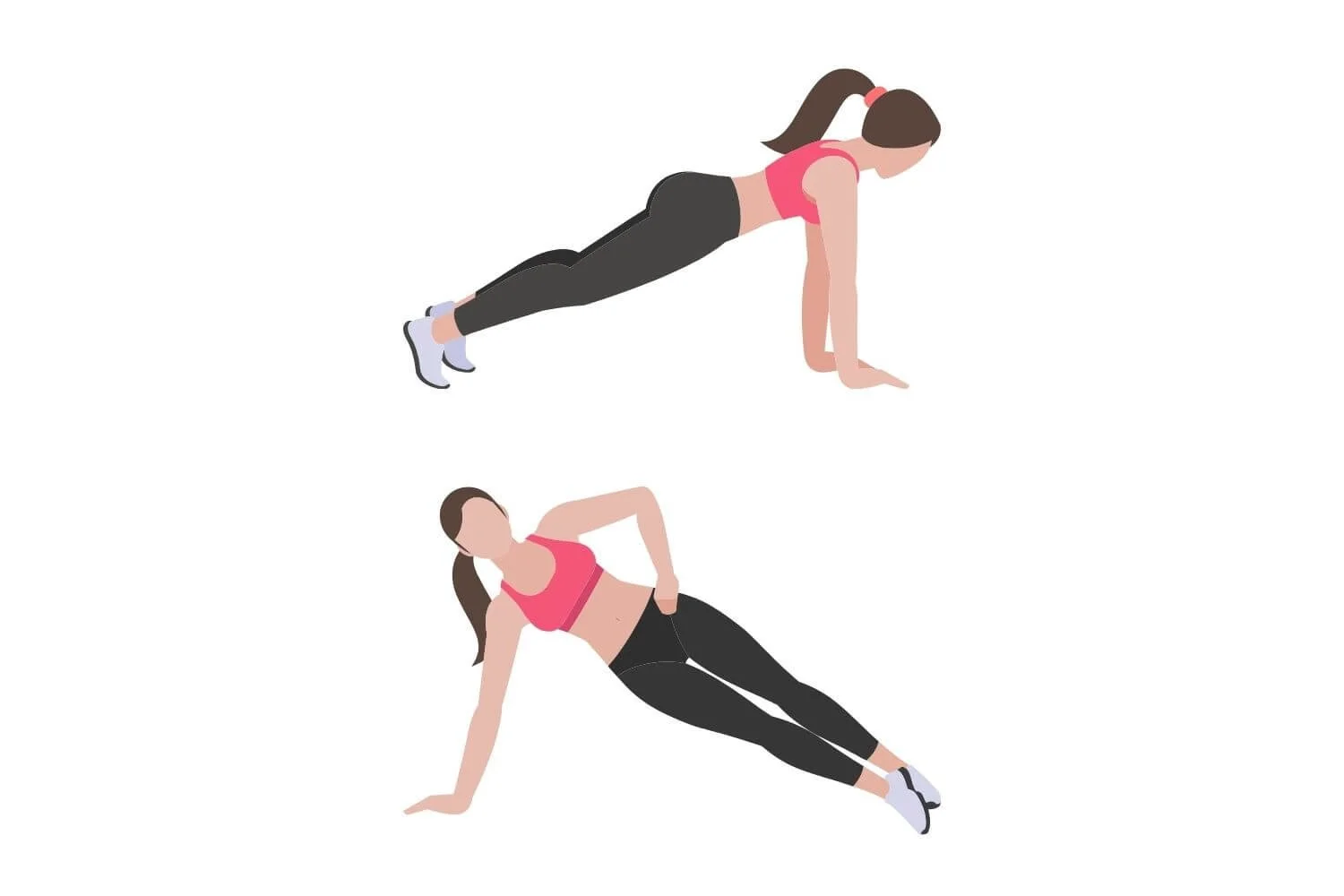 Forearm plank and side plank demonstrating core stability exercises to strengthen deep abdominal muscles and improve posture.