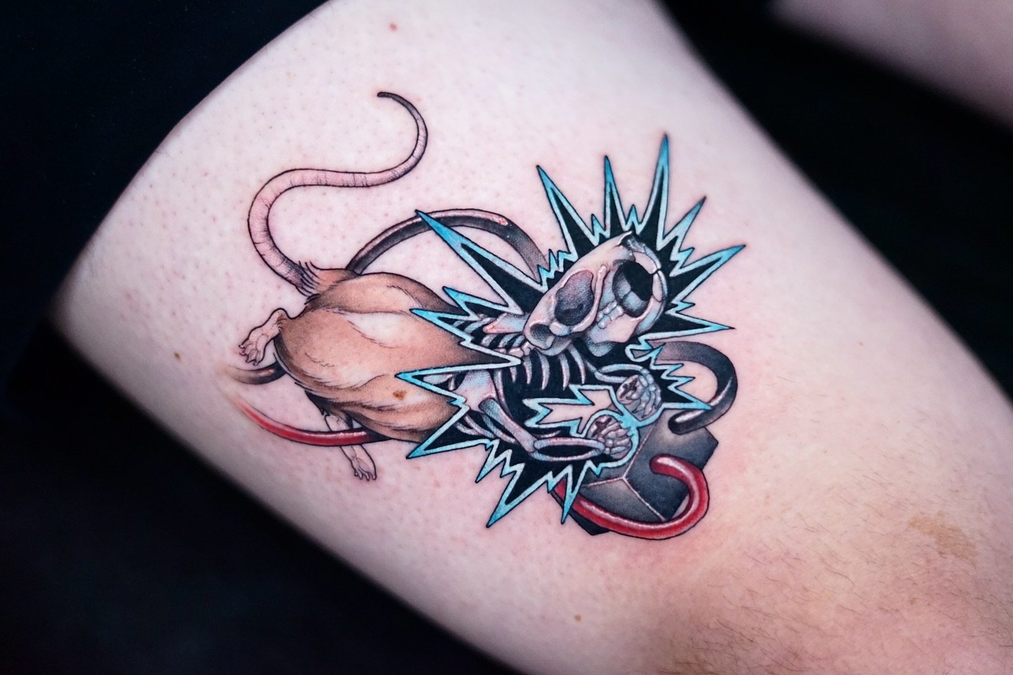 Fun concept of an electrocuted mouse! Always gotta love a different tattoo idea. 
#tampa #tampaheights #hearttpa #hearttattoo #mouse #electricity #electrocution #mousetattoo #neotraditionaltattoo #thightattoo #tattoooftheday #sonya7iii #photography #