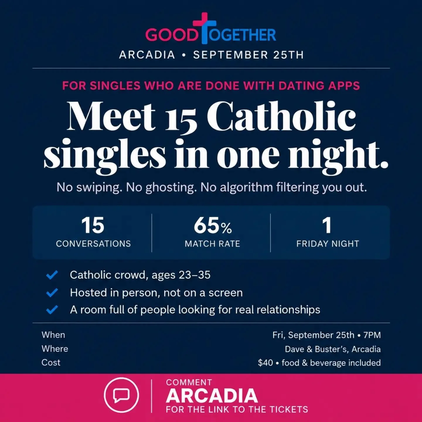 For those looking to date within the faith, Good Together is hosting a Catholic speed dating event for ages 23-35 in Arcadia, CA on Friday, Sept 25.

We still have some spots left but our events sell out, so don't wait too long to reserve your spot! 
