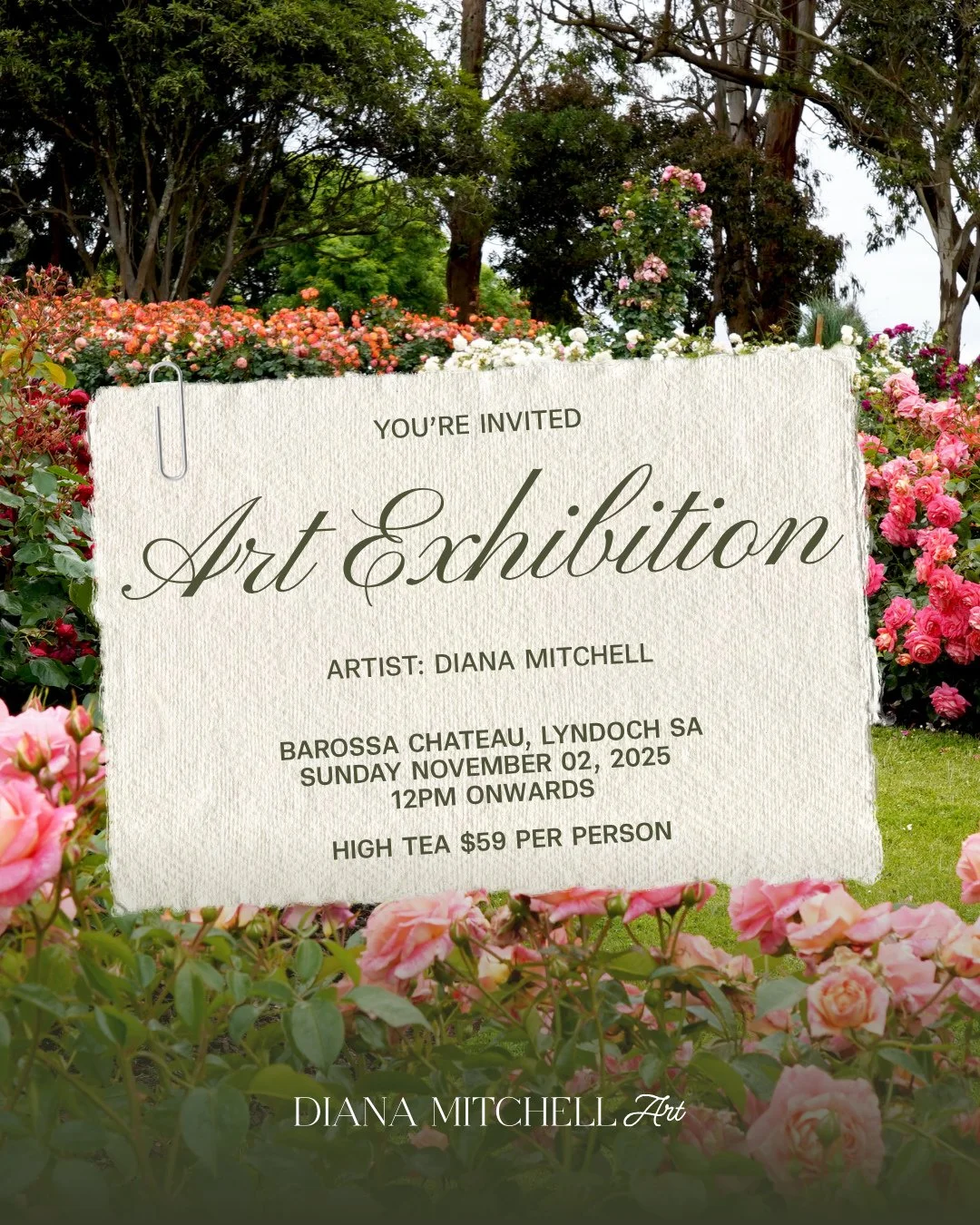 You&rsquo;re invited ✨⁠
⁠
Another reminder that my next exhibition will be held at the beautiful Barossa Chateau in Lyndoch SA on Sunday, 2nd November from 12pm onwards.⁠
⁠
Enjoy an afternoon surrounded by art, gardens and good company with a High Te