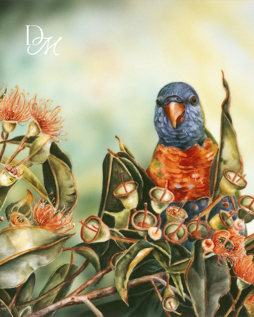 A watchful parrot tucked softly into the cool shade of the gum leaves. A moment where colour and calm meet. Discover Amongst the Leaves via the link in bio.