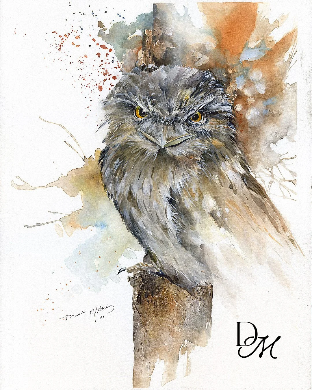 An owl perched quietly on a stump, eyes alert and full of curiosity. Loose, abstract washes create a sense of mystery, inviting interpretation and reflection. Prints available via the link in bio.