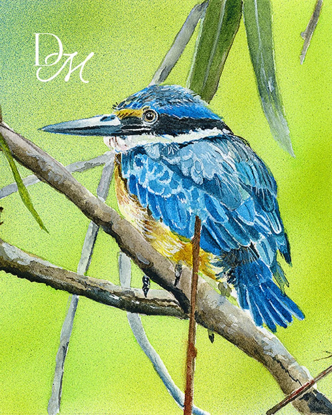 A blue kingfisher resting on a slender branch against a calm green backdrop. A serene study of colour, balance, and stillness.⁠
 Discover Kingfisher via the link in bio!