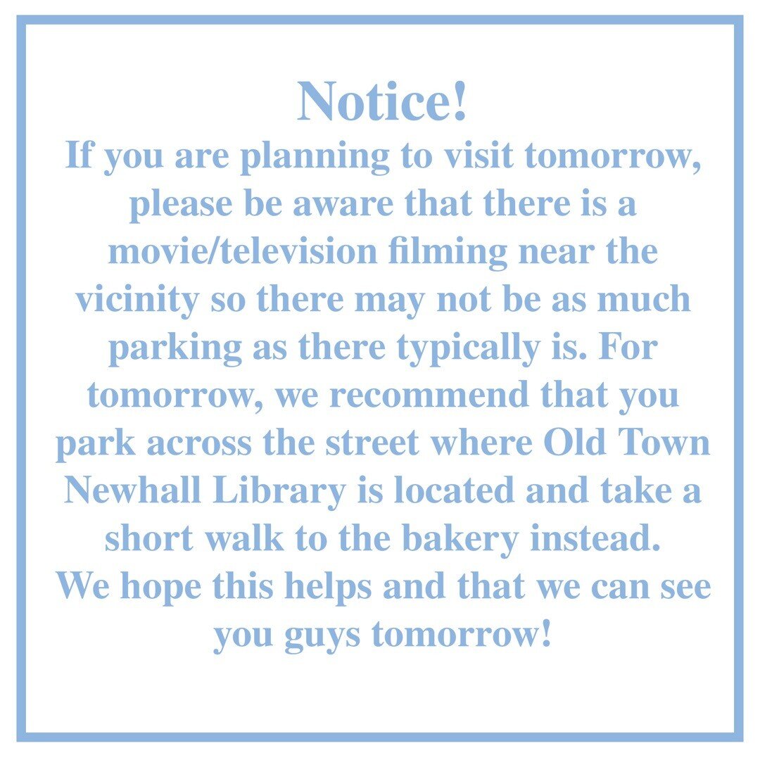If you were able to stop by this weekend, you may have already noticed that there was some filming happening around the bakery. This is very exciting, however, we noticed that due to this filming there are more limited parking spaces available. We wi