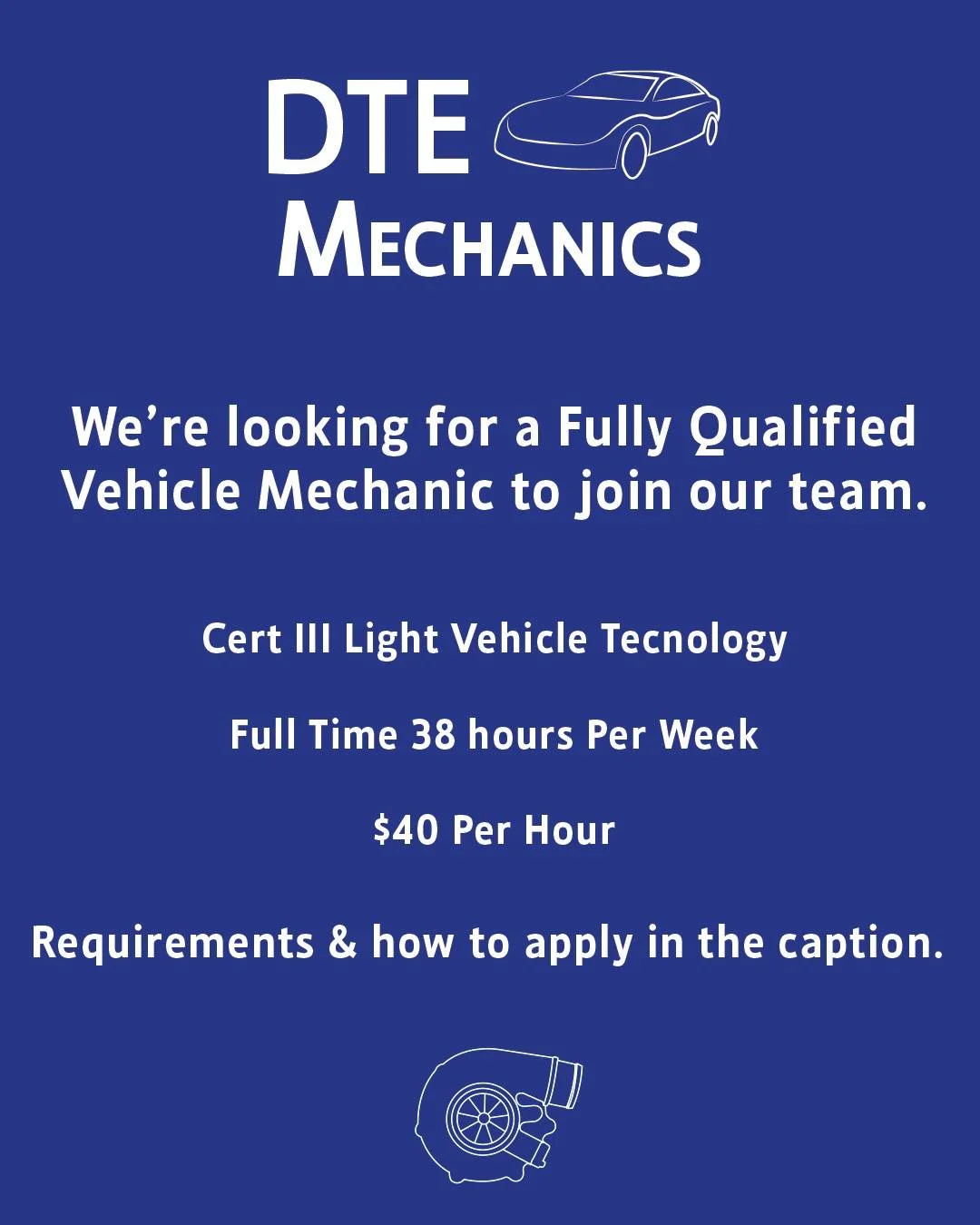We&rsquo;re on the lookout for a skilled and motivated, Full Time Vehicle Mechanic to join our team 🔧

What we&rsquo;re looking for:

✔️ Cert lll in Light Vehicle Mechanical Technology 
✔️ Current open manual drivers license 
✔️ Confident in diagnos