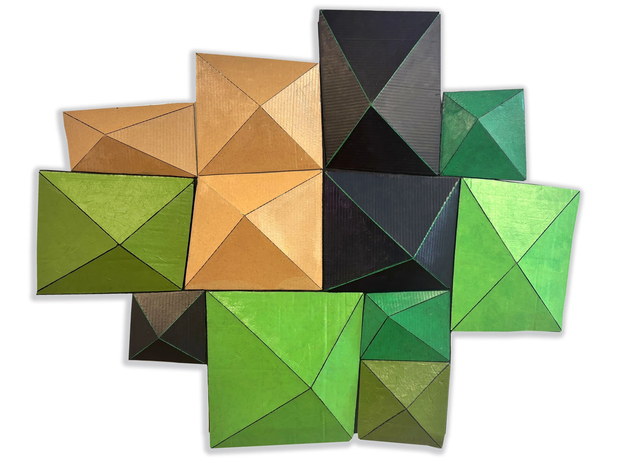 Al Munro, 2025, Large cardboard study (brown-green), constructed cardboard and acrylic paint, 134 x 108 x 8cm