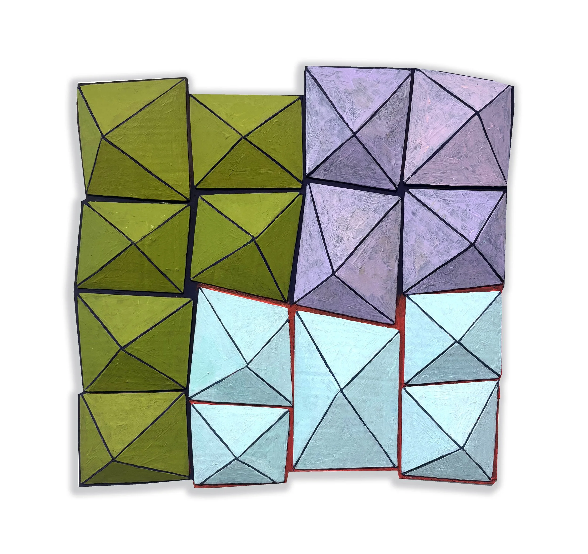 Al Munro, 2025, Cardboard Grid (green-mauve-blue), found cardboard and gouache, 24 x 23 x 2cm