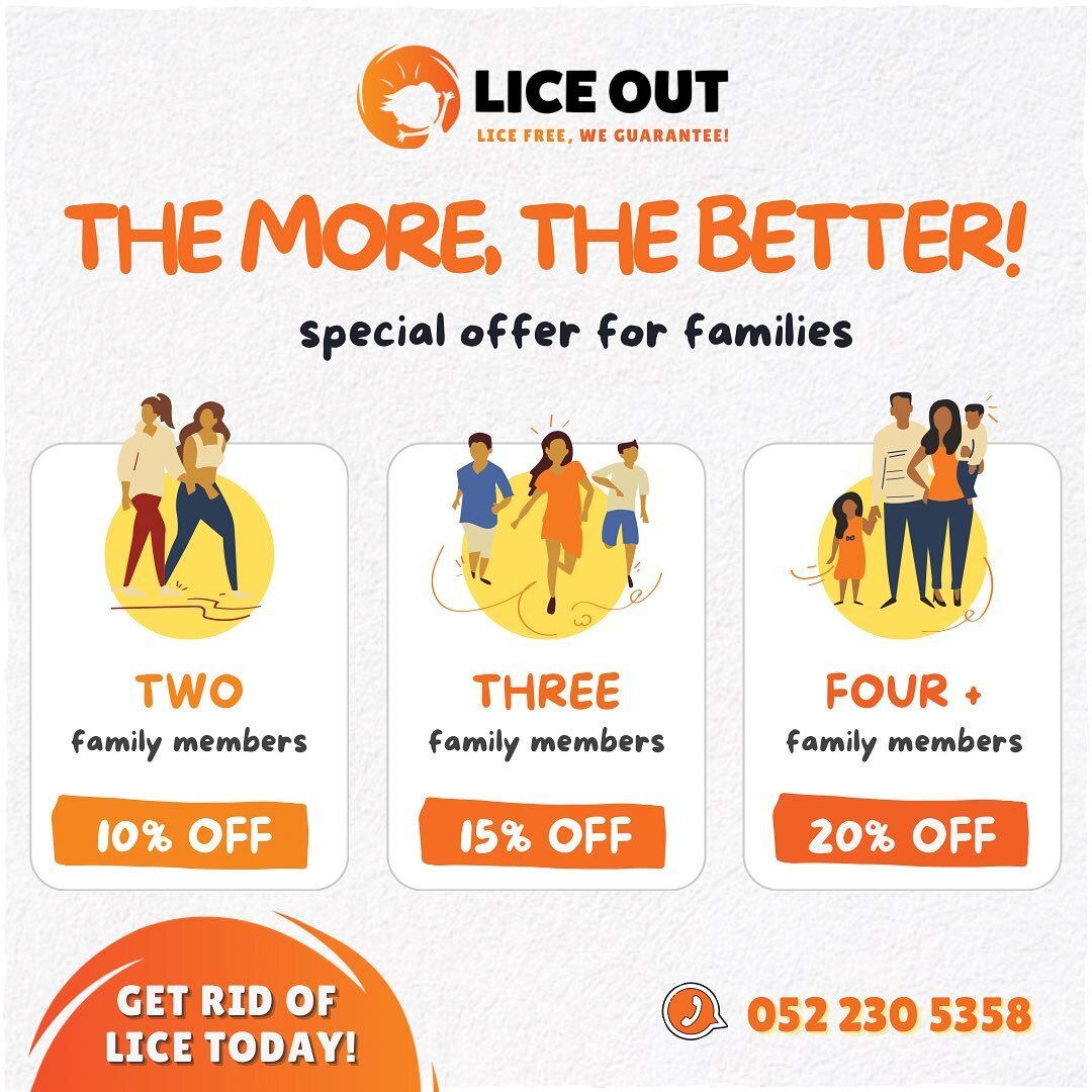 Lice are very contagious, and when one someone has it, there is a high chance the rest of the family also gets it! &zwj;&zwj;👩&zwj;👧 
To help families ending the lice life cycle, we offer a special discount program. 💰
For each family member, the