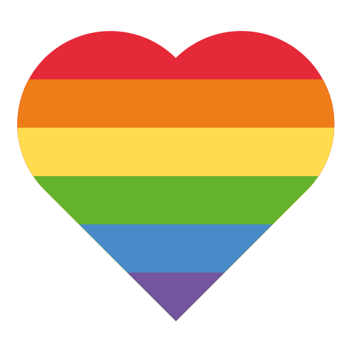 A heart-shaped image with horizontal stripes in the rainbow pride flag colors: red, orange, yellow, green, blue, and purple.