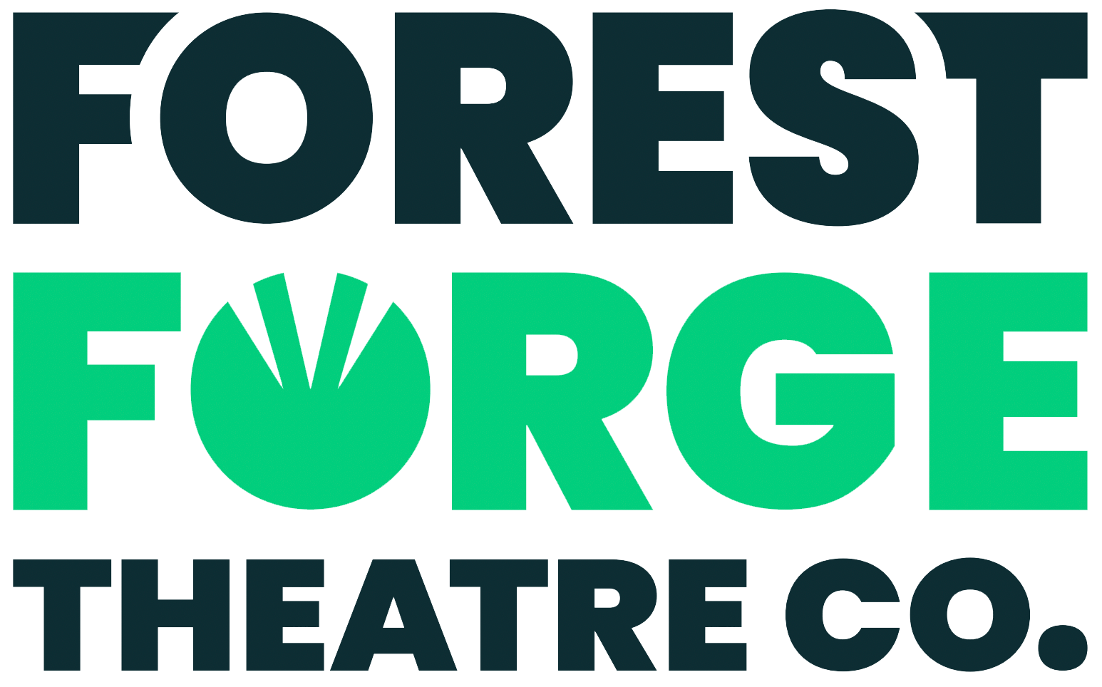 Text reading 'FOREST THEATRE CO.' with 'FOREST' in black on a black background and 'THEATRE CO.' in black on a dark gray background, separated by horizontal colored bars.