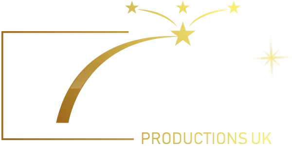 Logo with the word "MAGIC" in stylized letters, featuring a shooting star across the middle and smaller stars above, with additional text "PRODUCTIONS UK" at the bottom.