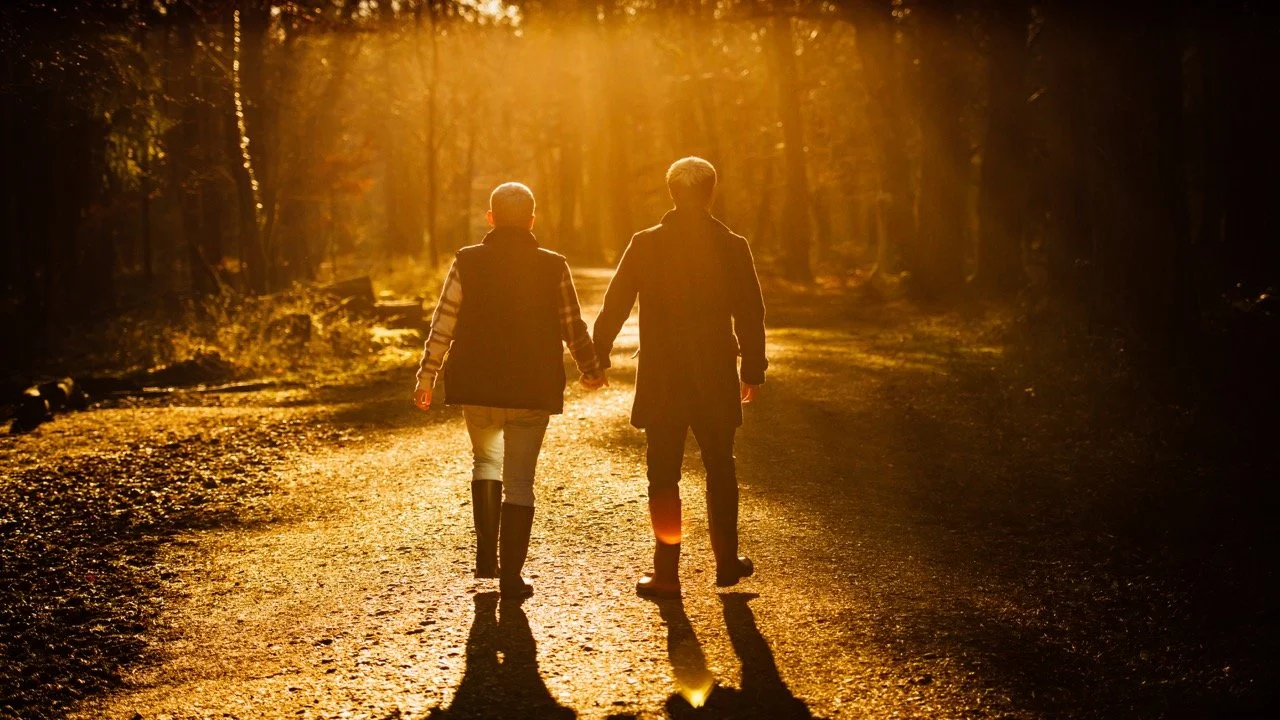Two people holding hands walking down a forest path during sunset, with sunlight filtering through trees.