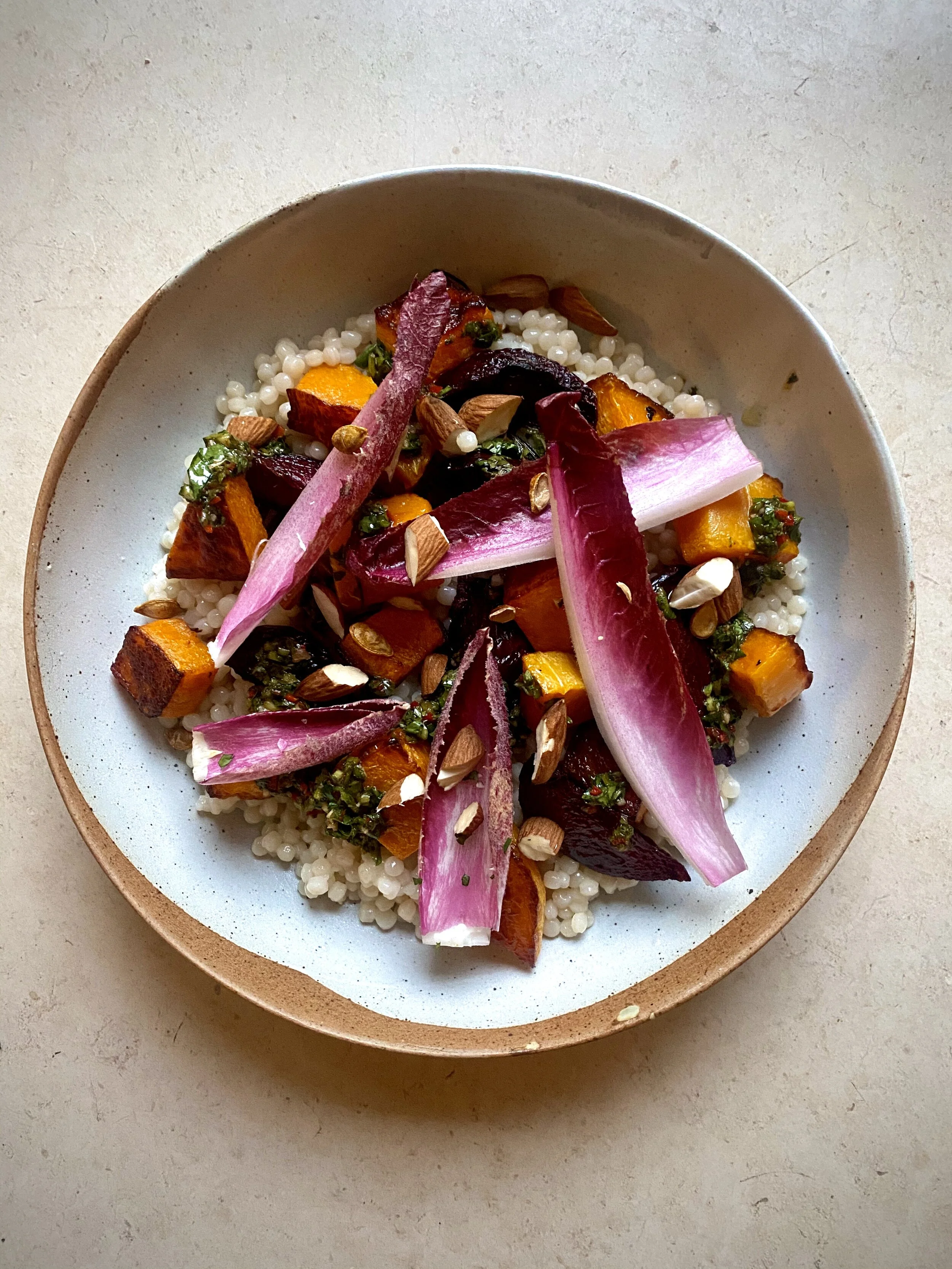 Roasted Squash & Beetroot with Giant Couscous and Chimichurri Sauce