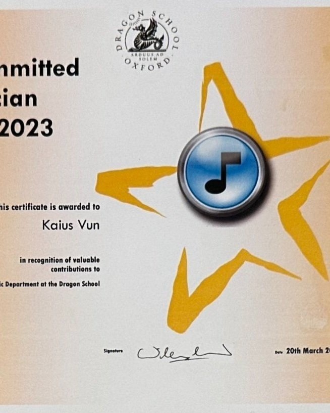I was awarded the ‘Most Committed Musician’ award in the Spring Upper School Prize Giving in 2023.