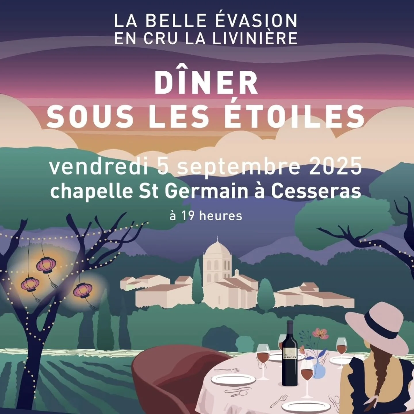 Samedi 5 septembre, le Cru la Livinière se déguste sous les étoiles de la Chapelle de St Germain à Cesseras!
Dîner hors du temps dans ce lieu merveilleux avec les vignerons (Guillaume chez nous pour vous faire parle