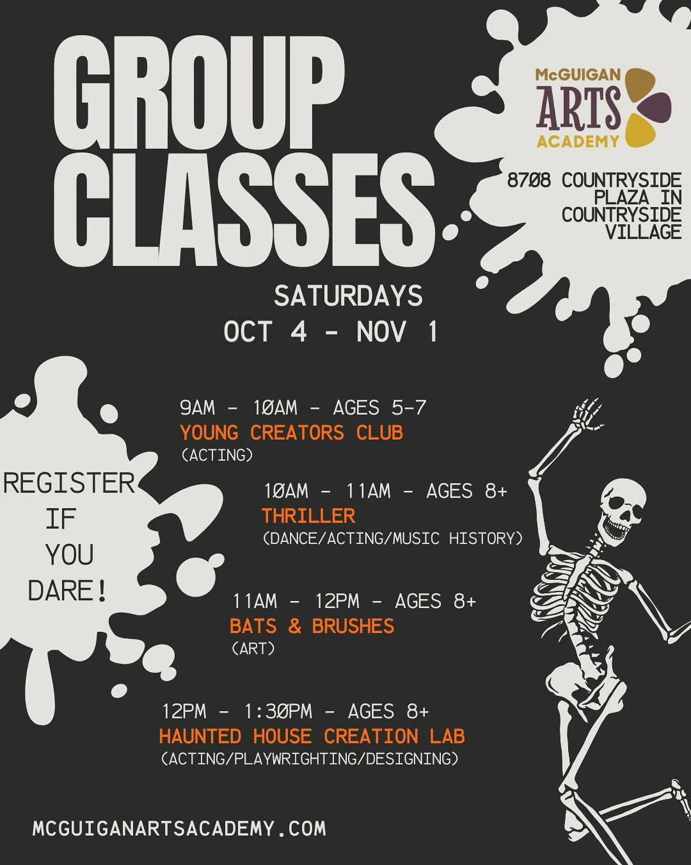 Our fall group classes start Saturday, October 4!

Over five weeks, students will craft spooky decor, master Thriller choreography, and design an immersive haunted house experience! Let&rsquo;s make this Halloween unforgettable! 👻 🎃 

Learn more &a