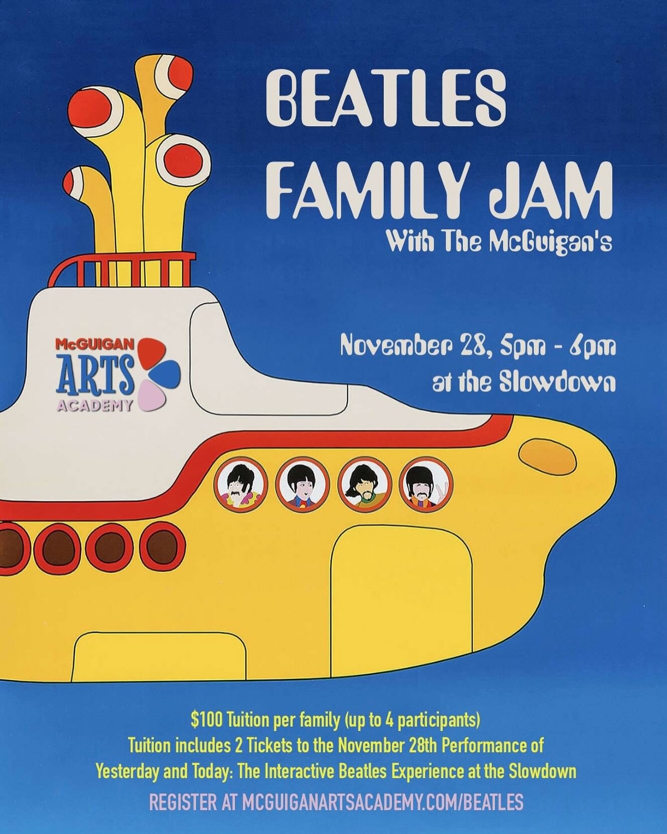 Spend Thanksgiving weekend with music, laughter and a little Beatles magic! Join the McGuigan Family for a one-of-a-kind music class at the Slowdown, Nov 28 at 5pm. 

In this family group class you&rsquo;ll get a quick, fun intro to the Beatles&rsquo