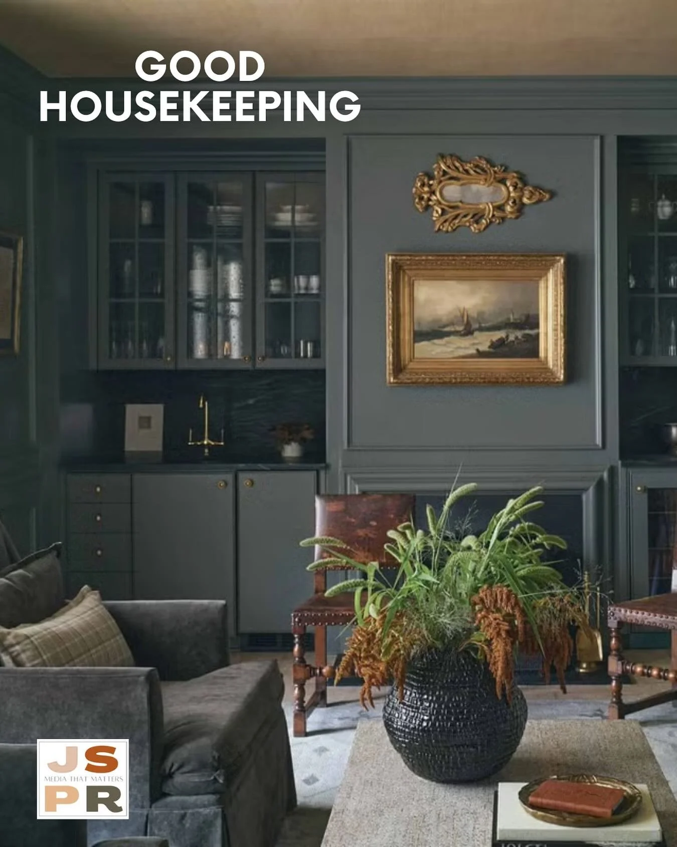 Thank you @goodhousekeeping for featuring @katehartmaninteriors&rsquo; work and comments in your article on the best paint colors for fall. This room makes me feel cozy and warm and, as Kate says, &ldquo;The look of a rich, dark green room captures t