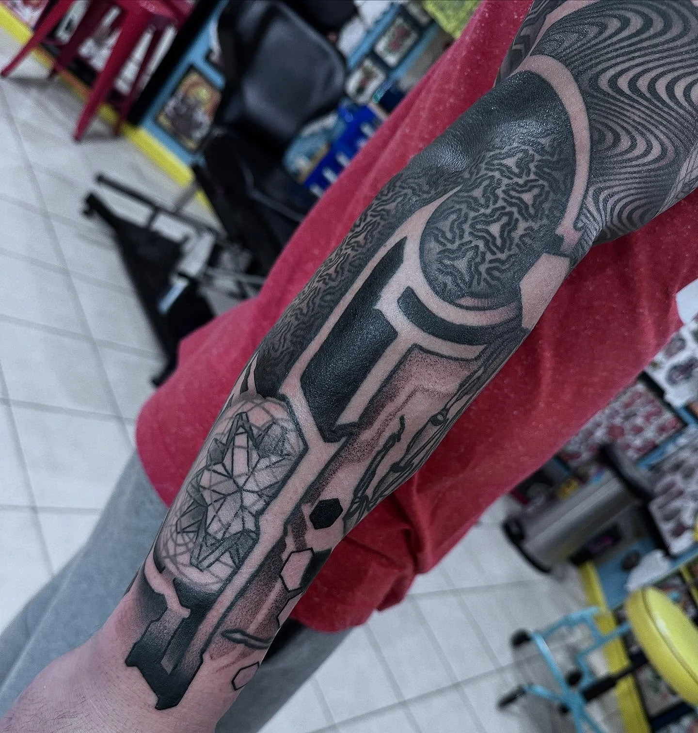 One more session left on Doug&rsquo;s full sleeve. Can&rsquo;t wait to show it all off. #geometricatattooapp #geometrictattoos