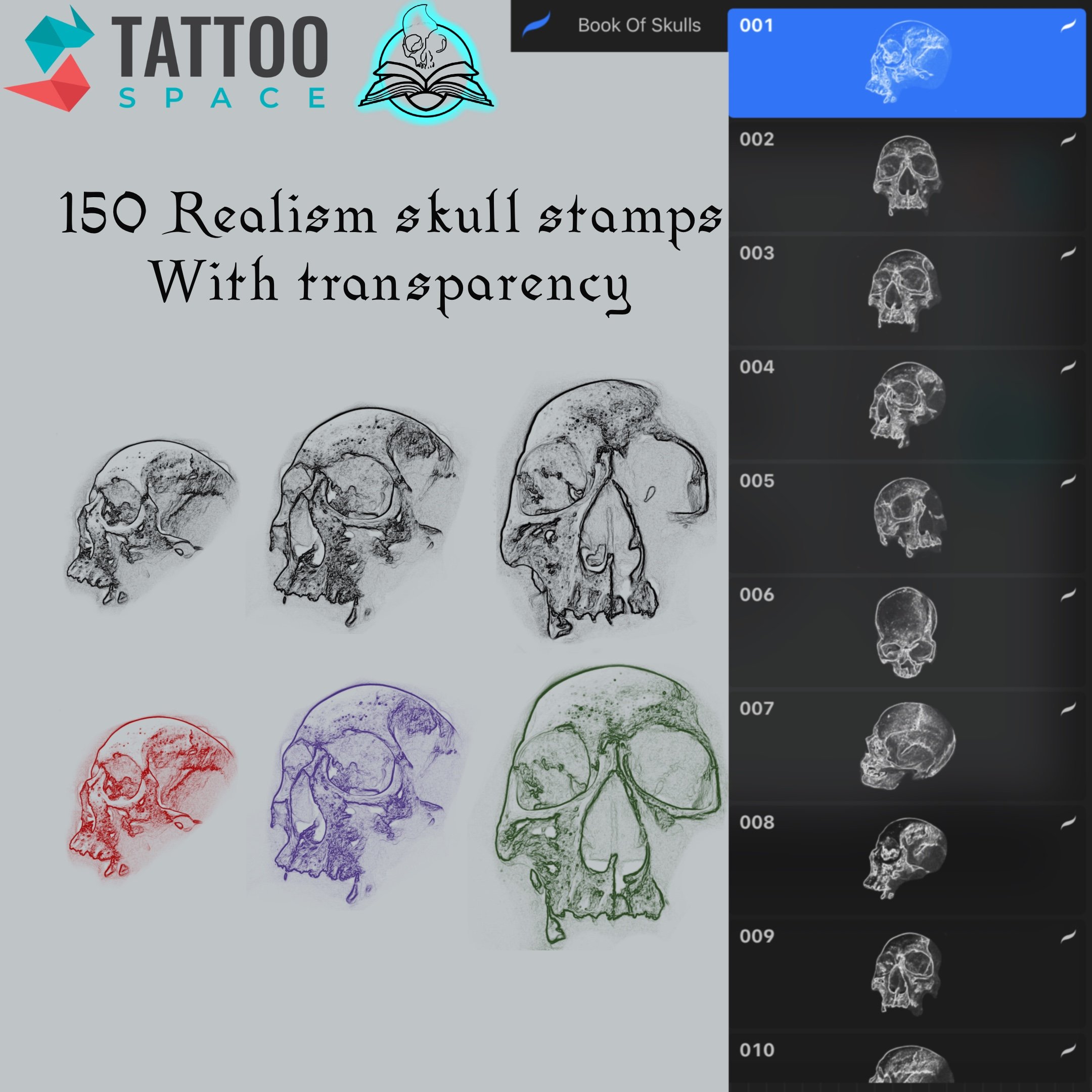 realistic skull tattoos with different angles, textures, and more