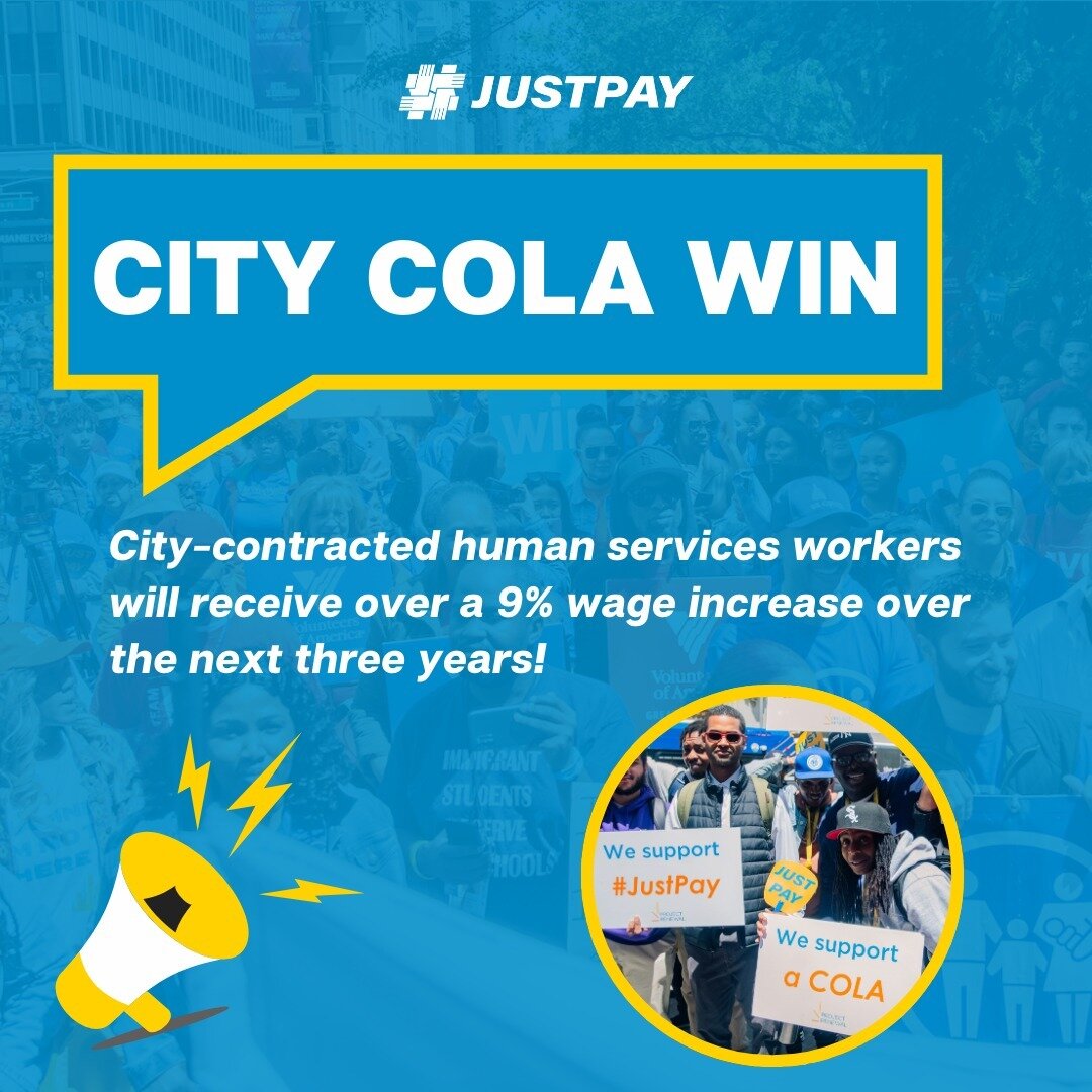 BIG NEWS: @NYCMayor just announced that City-contracted human services workers will receive over 9% in wage increases over the next 3 years. This is a major win for #JustPay and is the result of thousands of calls, emails, and actions from human serv