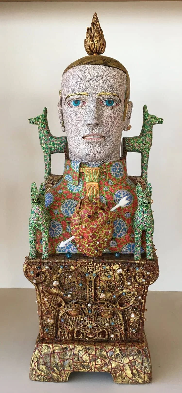 Richard Cleaver,
Eros 2, 2015,
Hand built ceramic, fresh water pearls, crystal beads, gold leaf, painted in oil,  21 x 7 1/2 x 6 1/2, BFA Ceramics '78, Gift from artist