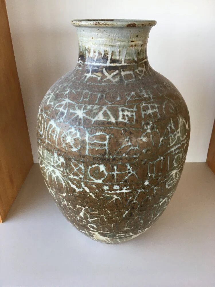 Kenneth Beitell (1922- 2003),
Jar of the Ancient Script,
19 x 12 x 12,
Stoneware,
1969, Exhibited GCG 10/1985 and 12/1987, Gift from artist