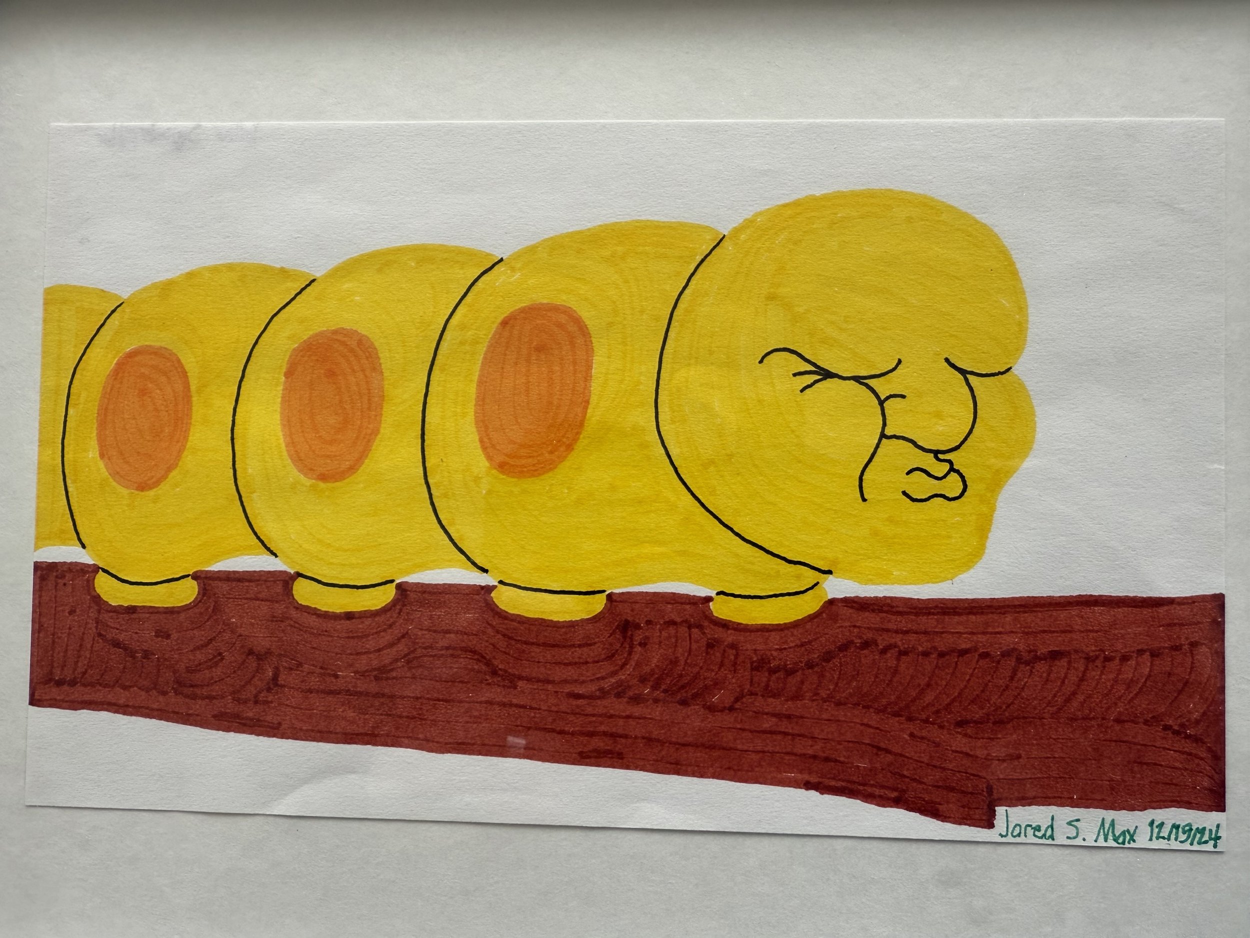 Jared Max, Yellow Squinterpillar, 2025, 8 1/2 x 5 1/2, marker on paper, VisArts artist