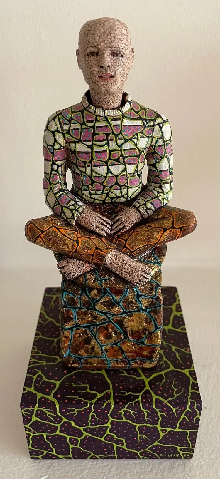 Richard Cleaver, Sitting Man #7, 7 x 3 x 3, 2021, Hand built ceramic, fresh water pearls, crystal beads, gold leaf, painted in oil, BFA Ceramics '78, Gift from artist