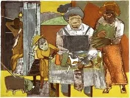Romare Bearden (1911-1988),
The Family, 1975,
Color aquatint and photo engraving, 25/25,
19 x 25