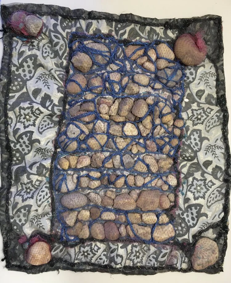 Elizabeth Talford Scott (1916-2011),
Rocks in Prison, 1993,
Fabric and rocks, 22 x 20,
Exhibited MICA and tour of “Eyewinkers, Tumbleturds and Candlebugs”, 1998-2000 and “Magic Markers: Objects of Transformation” at Des Moines Art Center , 2003, Gift