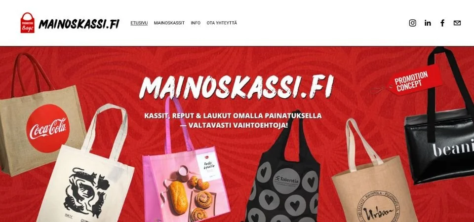 Verkkosivun mainoskuva, jossa erilaisia kangaskasseja ja muoti- ja ruokatuotteita, otsikkona Mainoskassi.fi ja teksti "Kassit, reput ja laukut omalla painatuksella".