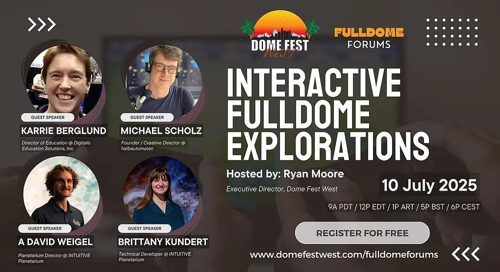 🎉 Meet us at INTERACTIVE FULLDOME EXPLORATIONS! 🌌
We’re excited to share more about our work at the upcoming session on the future of audience interaction in dome environments.
🗓 Thursday, July 10, 2025
🕕 6 PM CEST / 9 AM PDT / 12 PM EDT