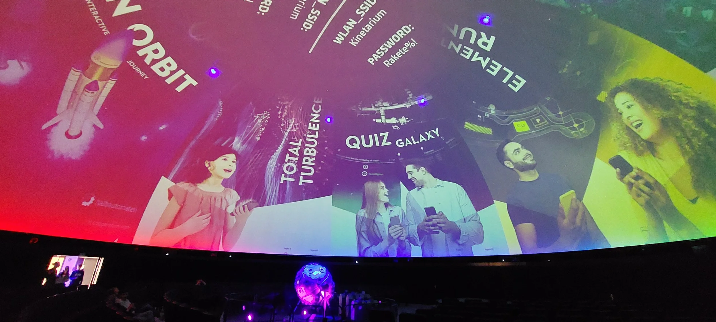 Posters for the Kinetarium games on the dome during Gaming Night at the Berlin Planetarium