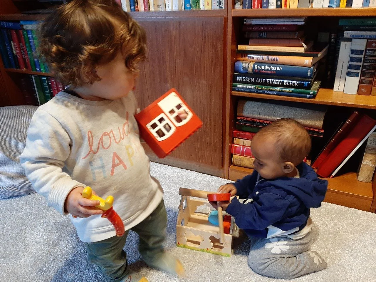 Zwei kleine Kinder spielen mit Spielzeug im Wohnzimmer vor einem Bücherregal.