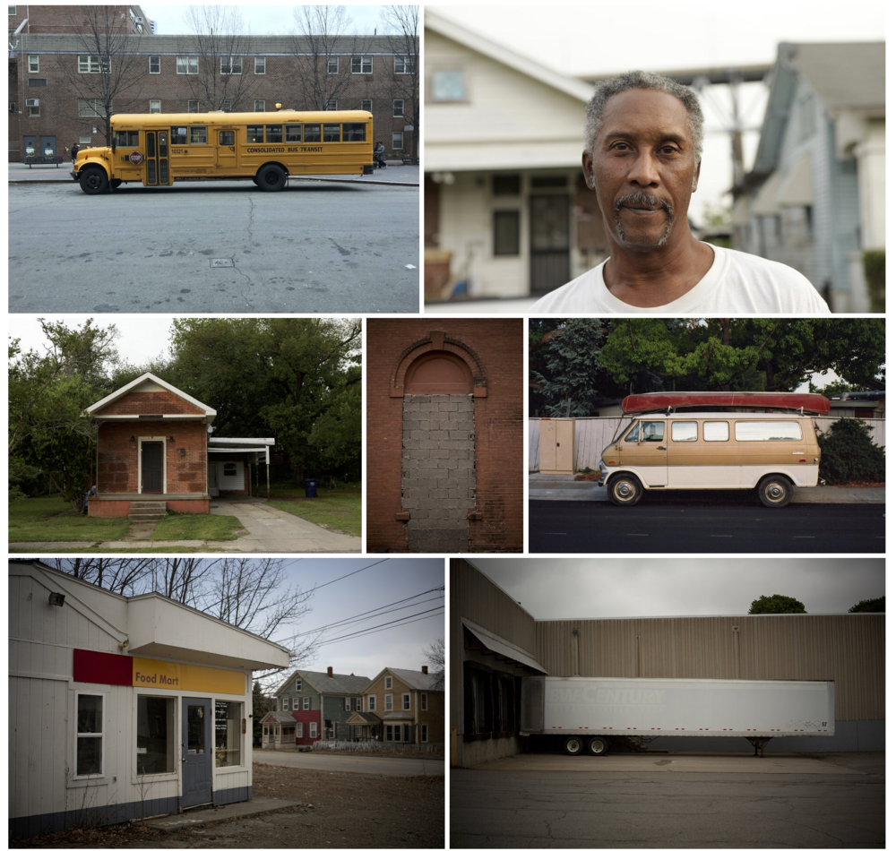 A collage of seven photographs depicting urban and suburban scenes, including a yellow school bus, a portrait of an older man, a small brick house, a boarded-up window on a brick wall, an old beige van with a red kayak on top, a white building with a