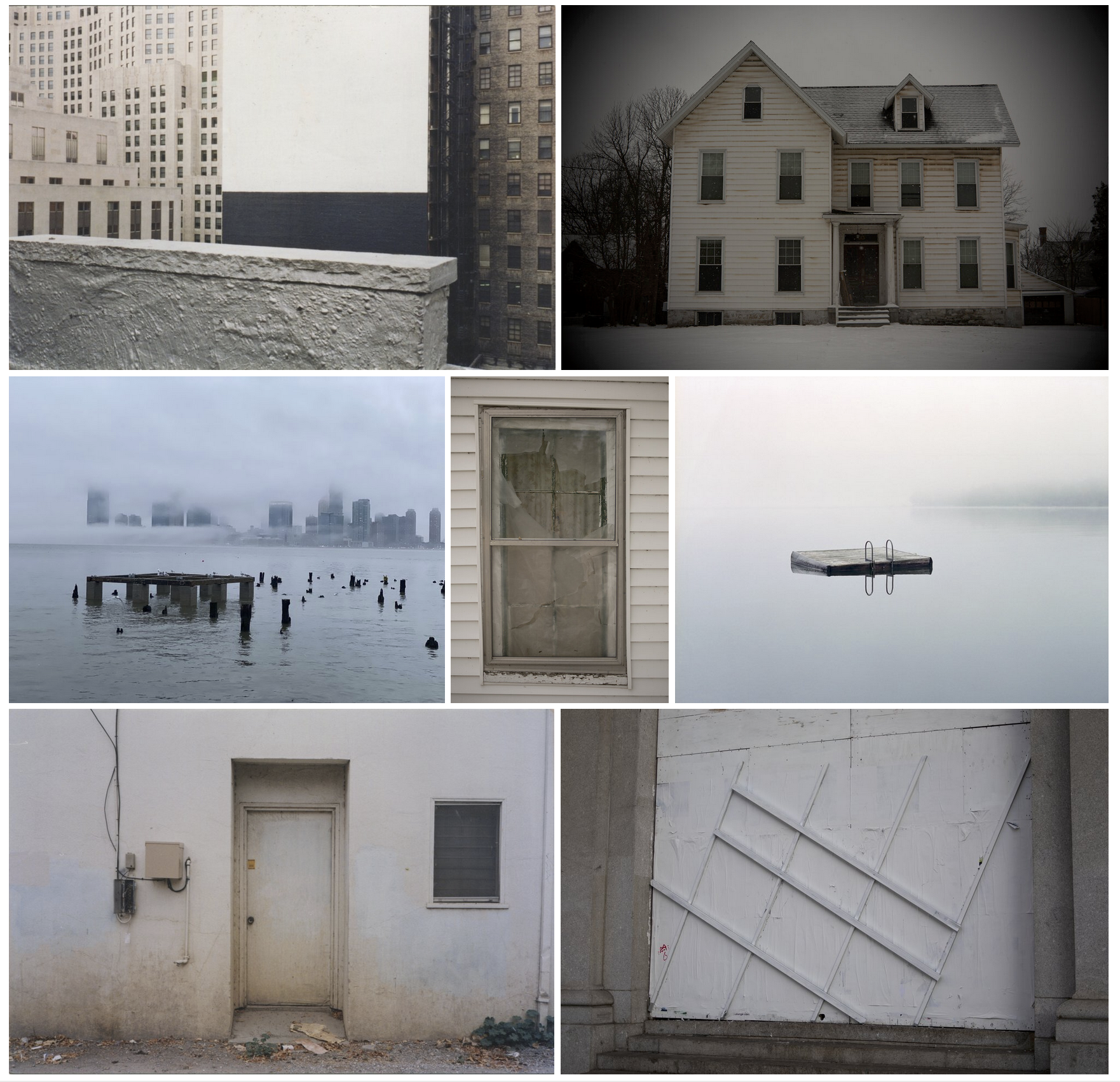 A collage of eight photos depicting various weathered buildings, abandoned docks, and a snowy landscape, evoking urban decay and neglected structures.  Photograph by Noah David Smith.