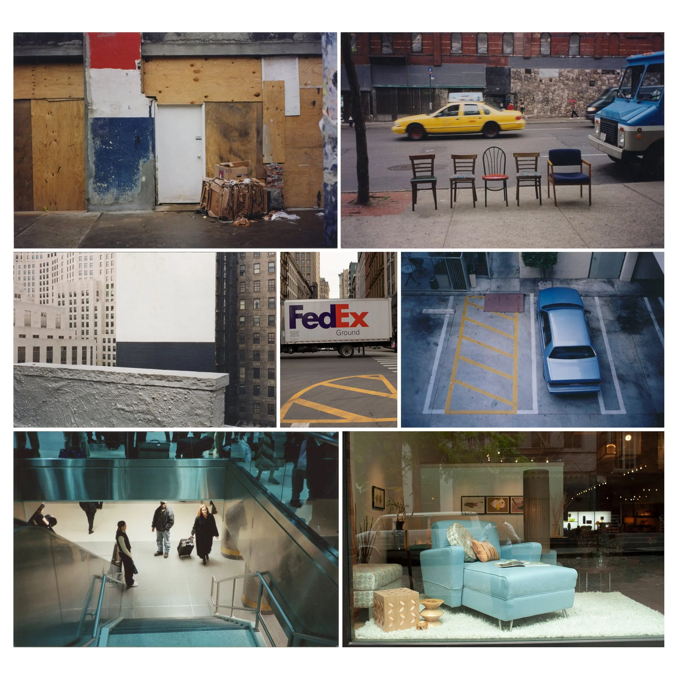 Collage of seven photos: a boarded-up storefront with trash, five chairs lined along a sidewalk, a cityscape with a FedEx truck, an aerial view of a parking lot with a silver car, people walking in an indoor mall, a cozy living room with light blue f