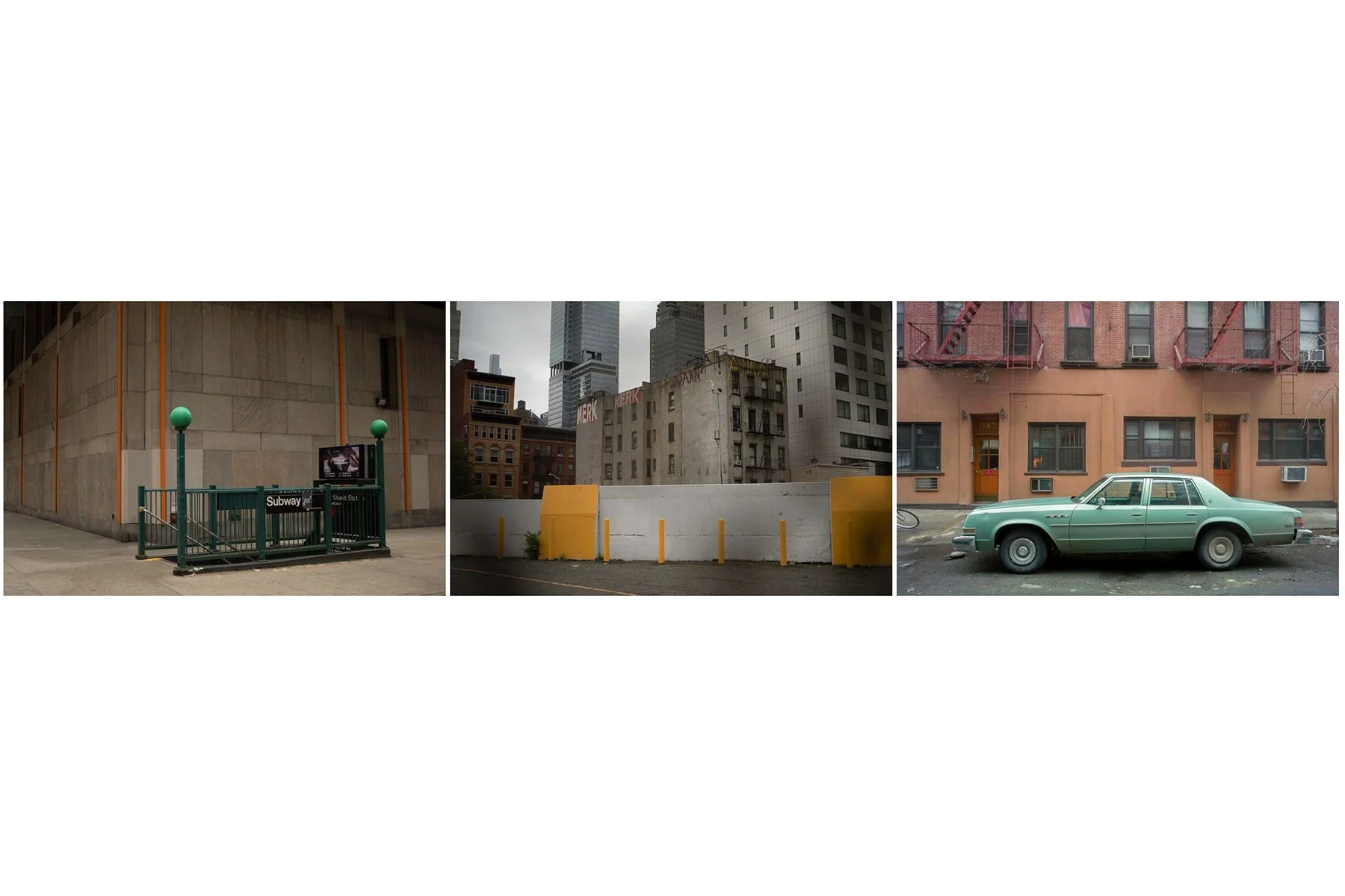 Three separate urban scenes: First scene shows an entrance to a subway station with green railing and round green lamps on a concrete wall. Second scene depicts a cityscape with an old building, yellow posts, and taller modern buildings in the background. Third scene features a pastel green vintage car parked in front of a pinkish building with fire escapes and window air conditioning units.