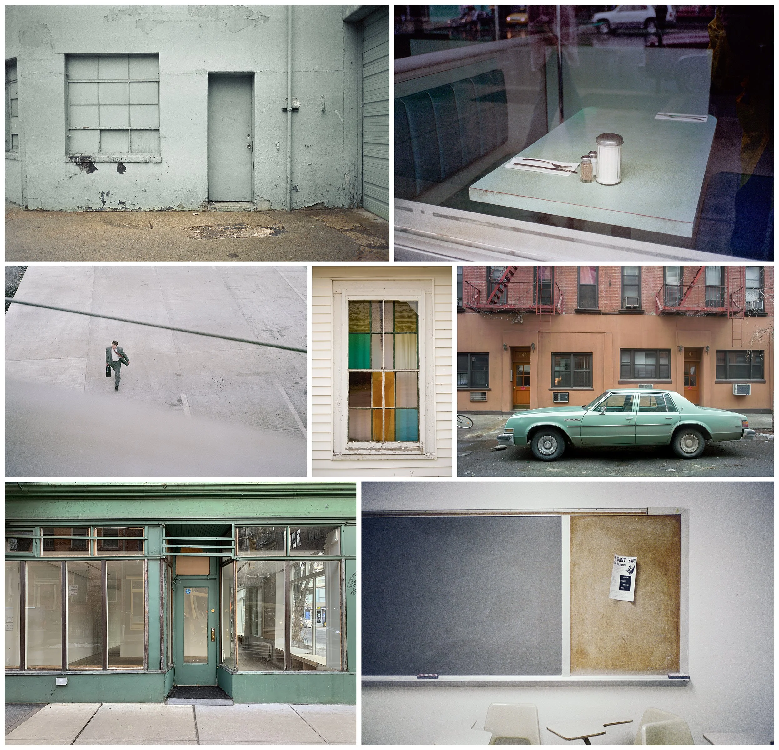 Collage of various urban scenes including a weathered building wall with a door, a cafe table with salt and pepper shakers seen through a window, a person walking in a parking lot, a colorful stained glass window, a city street with a parked vintage 