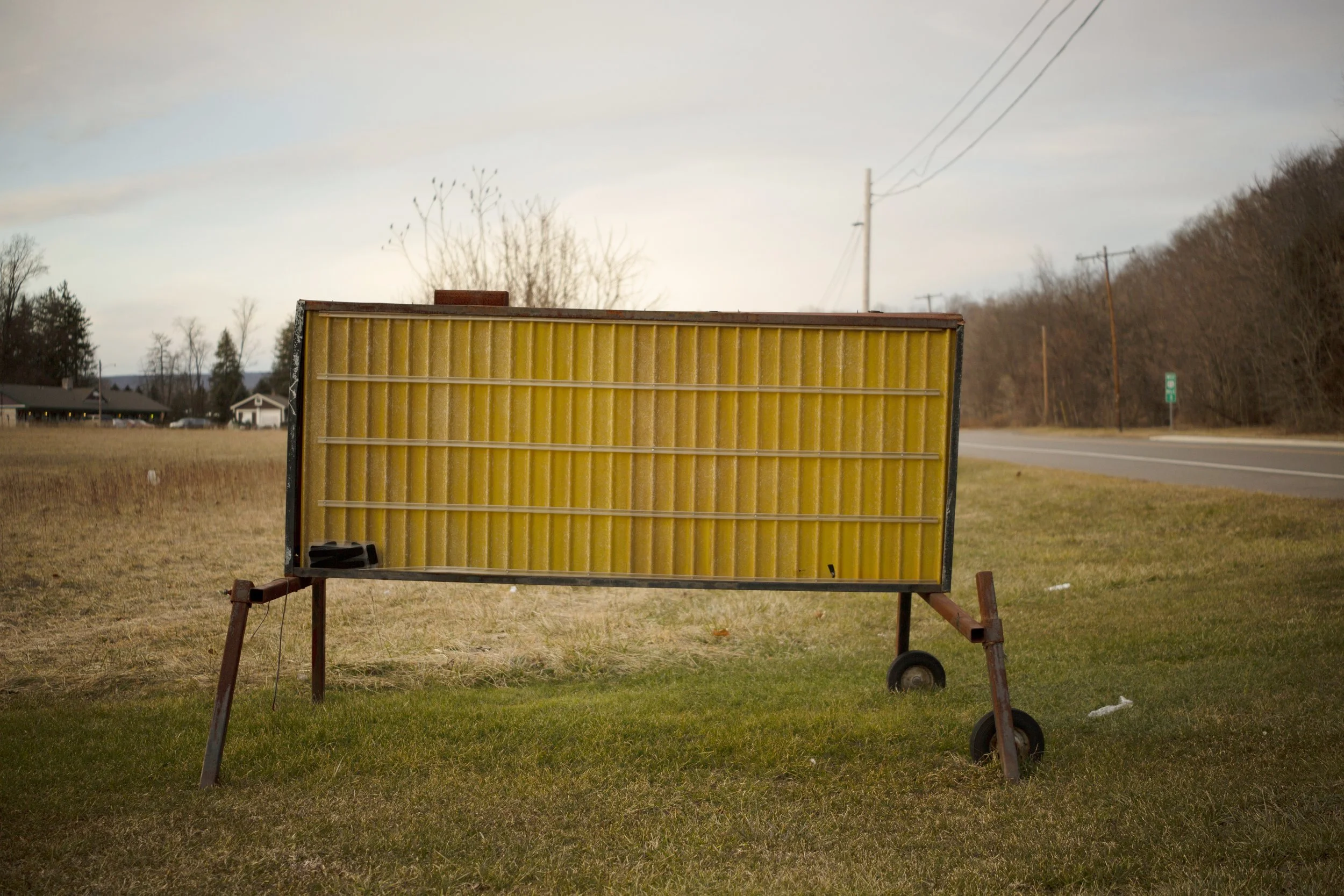 Yellow  sign on metal stand on grassy area beside road with trees and houses in background.  Photograph by Noah David Smith.