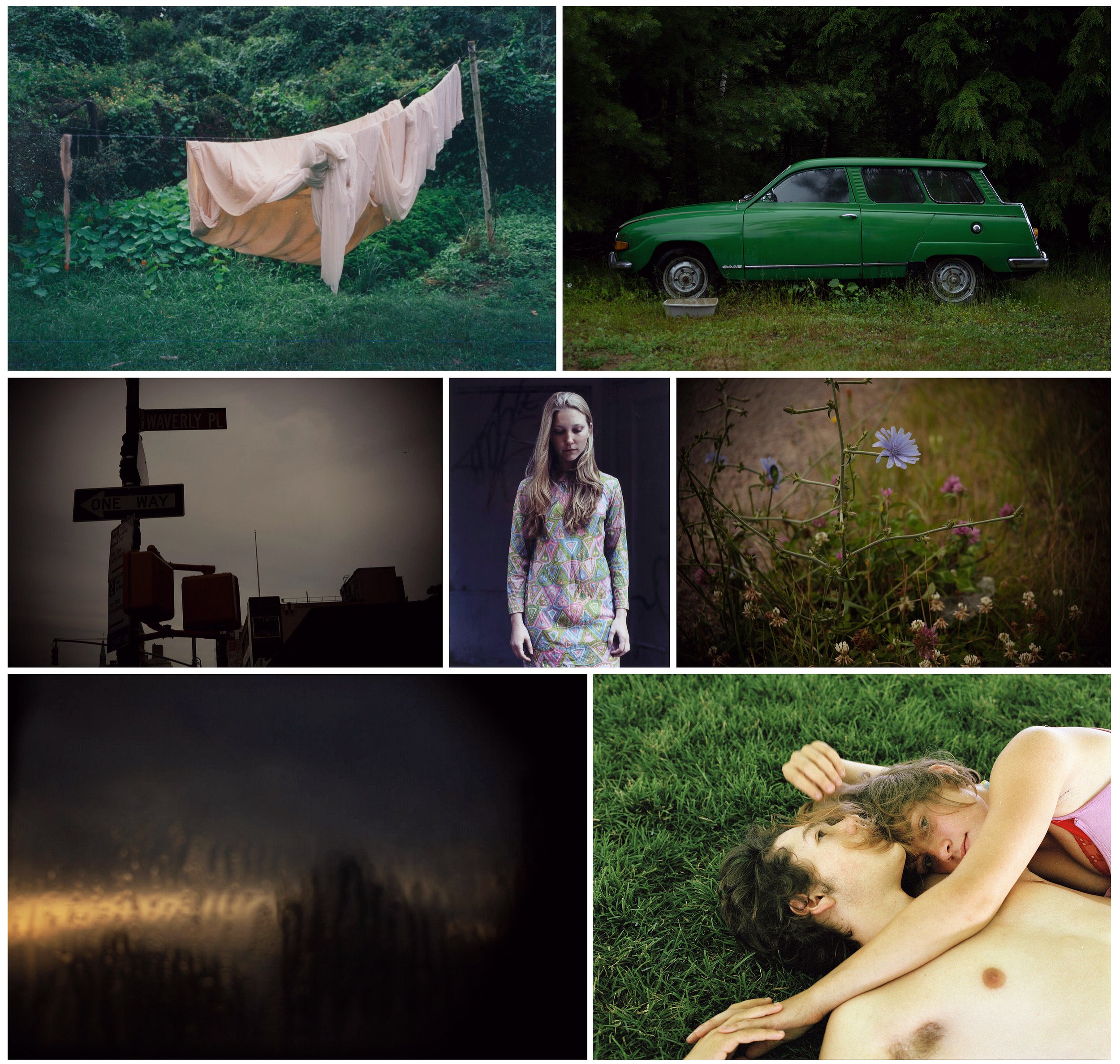 A collage of eight photographs: clothes hanging on a clothesline in a lush green garden, a vintage green station wagon parked on grass near trees, a dark street sign at dusk, a young woman with long hair wearing a patterned dress in a dimly lit room,