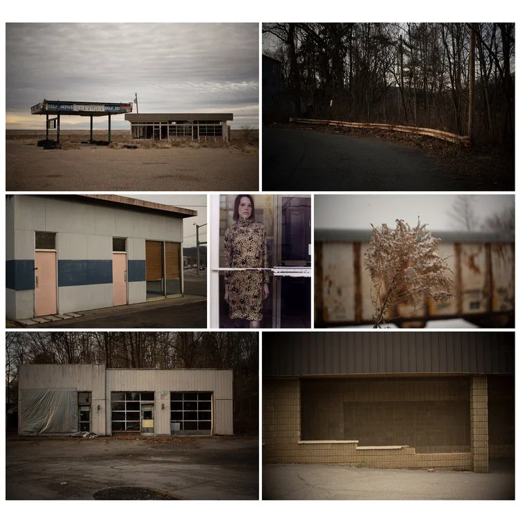 A collage of seven images showing abandoned or deserted buildings, a person standing behind a glass window, a wooden guardrail along a dark forested road, a deserted storefront with closed windows and doors, a close-up of a dried plant, an empty buil