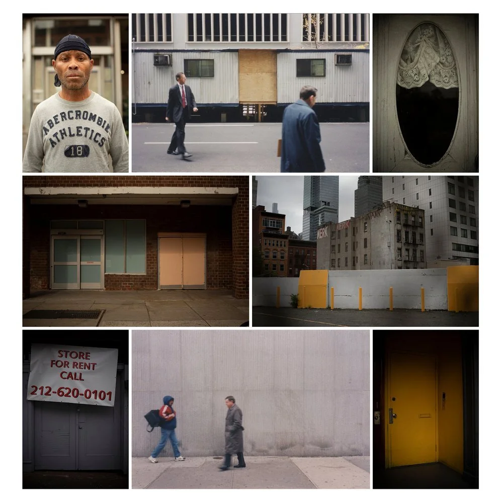 A collage of eight urban scenes including a man with a durag, two men walking on the street, a window with lace curtains, empty storefronts, city buildings, a "store for rent" sign, and two people walking along a sidewalk.