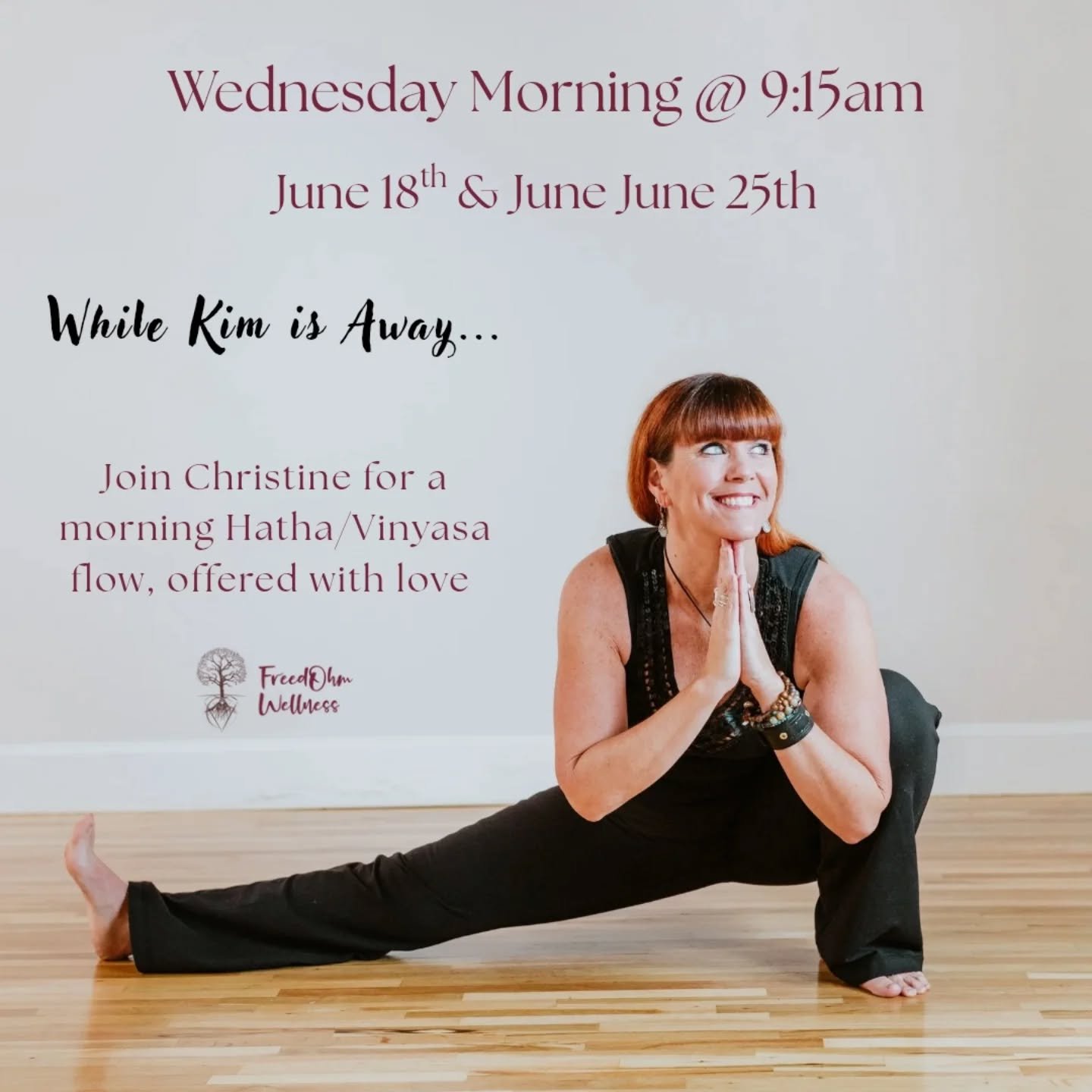 Sub Alert!!!

While the amazing Kim Purdy is on vacation, I am so excited to be subbing her Wednesday Morning Yoga Flow offering for our community!

Join me, Wednesday's, June 18th and June 25th at 9:15 a.m. for a Hatha/ vinyasa style flow sequence a