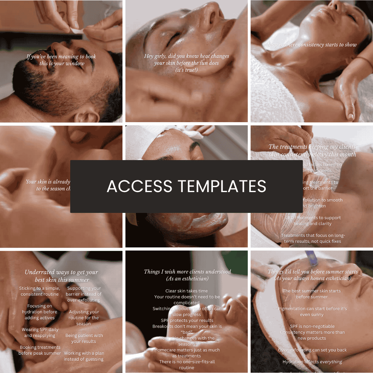 May Spring Skin Themed Text Overlays + Captions (for graphics, carousels, treatment Reels) Collection Click to open in Canva.