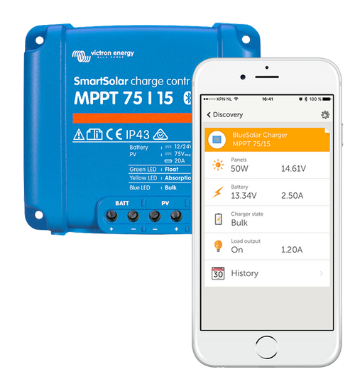 Victron SmartSolar MPPT charge controller displaying solar system performance on mobile app for marine solar installation systems
